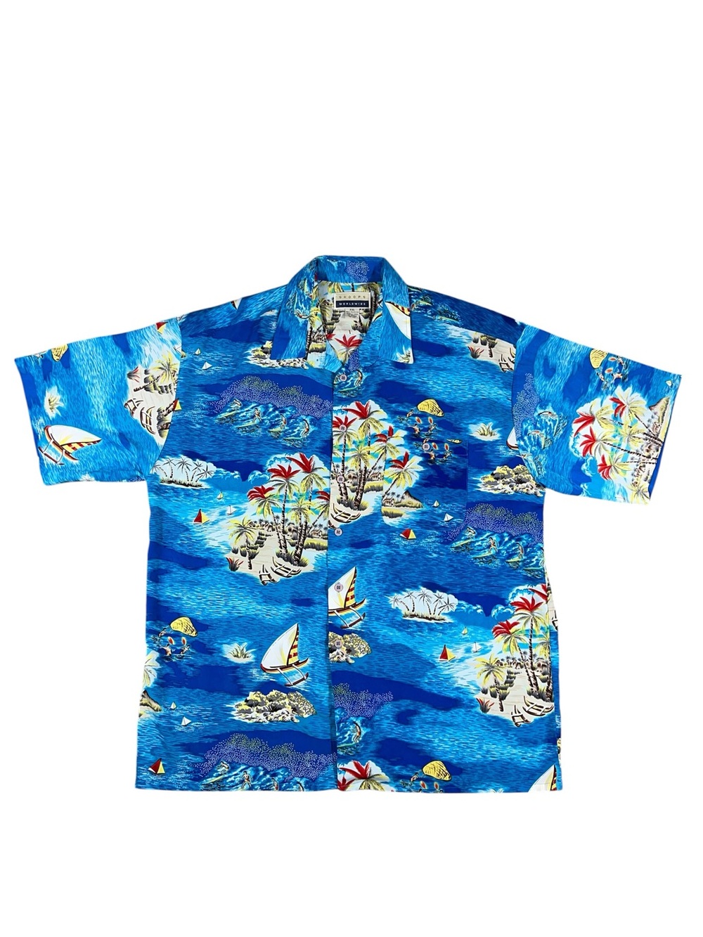 Men’s SKOOPS WORLDWIDE SHORT SLEEVE HAWAIIAN button down SHIRT vibrant blue XXL